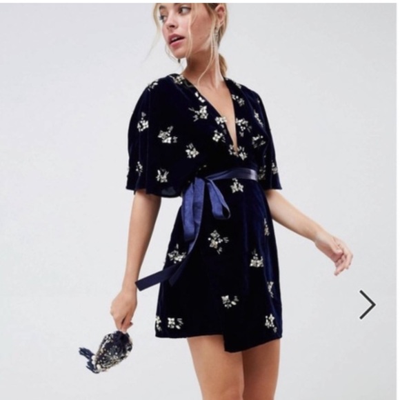 ASOS - Plunging Navy Blue Velvet Kimono Mini - 00 - Picture 2 of 5